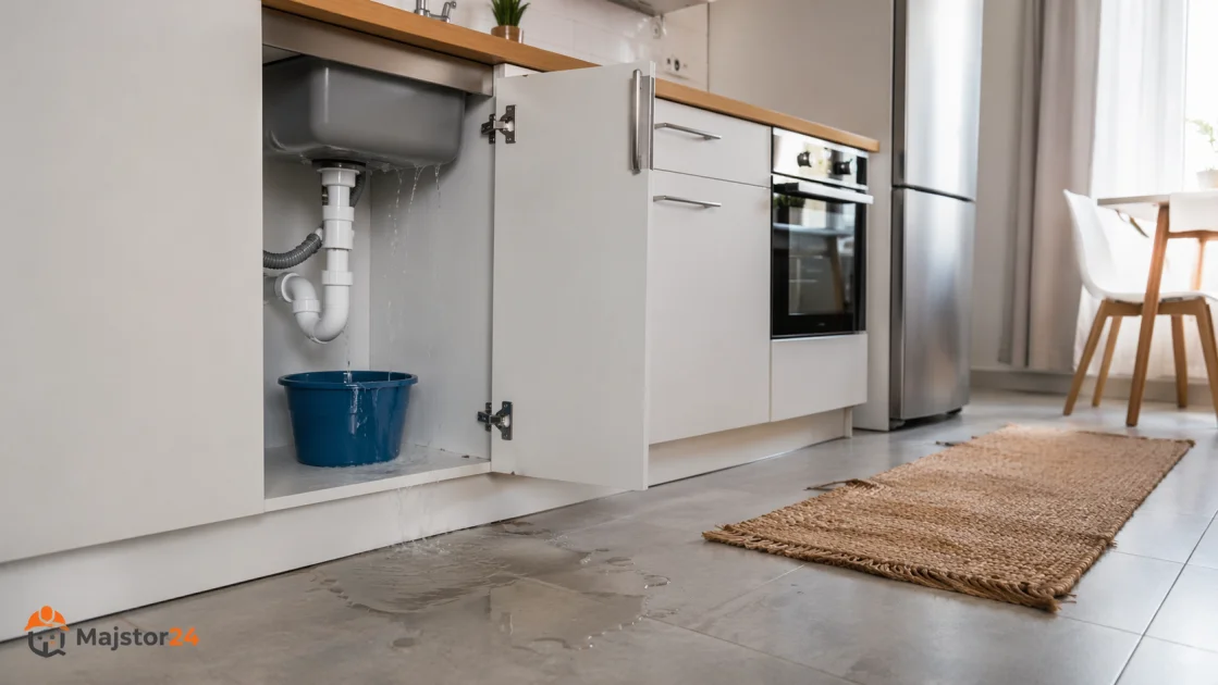 тече вода под мијалник во модерна кујна